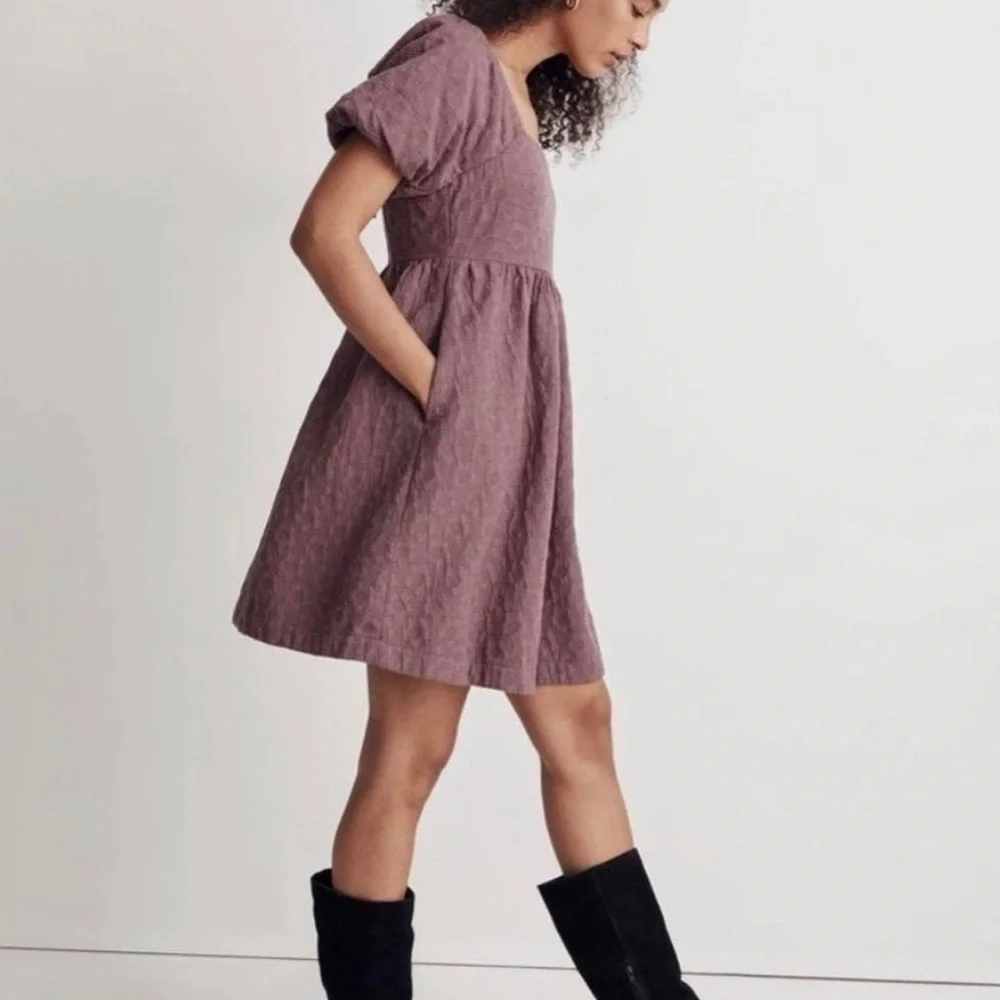 Madewell Floral Quilted Puff-Sleeve Mini Dress Dusty Rose Size Large NWT - Picture 9 of 12